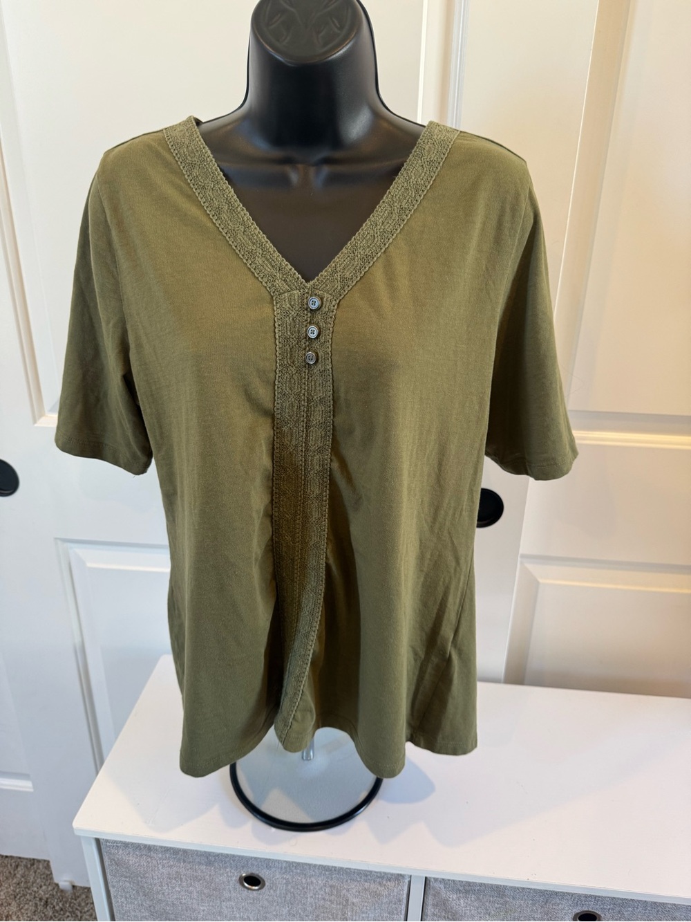 Karen Scott Olive Green V-Neck Short Sleeve Top with Button Placket